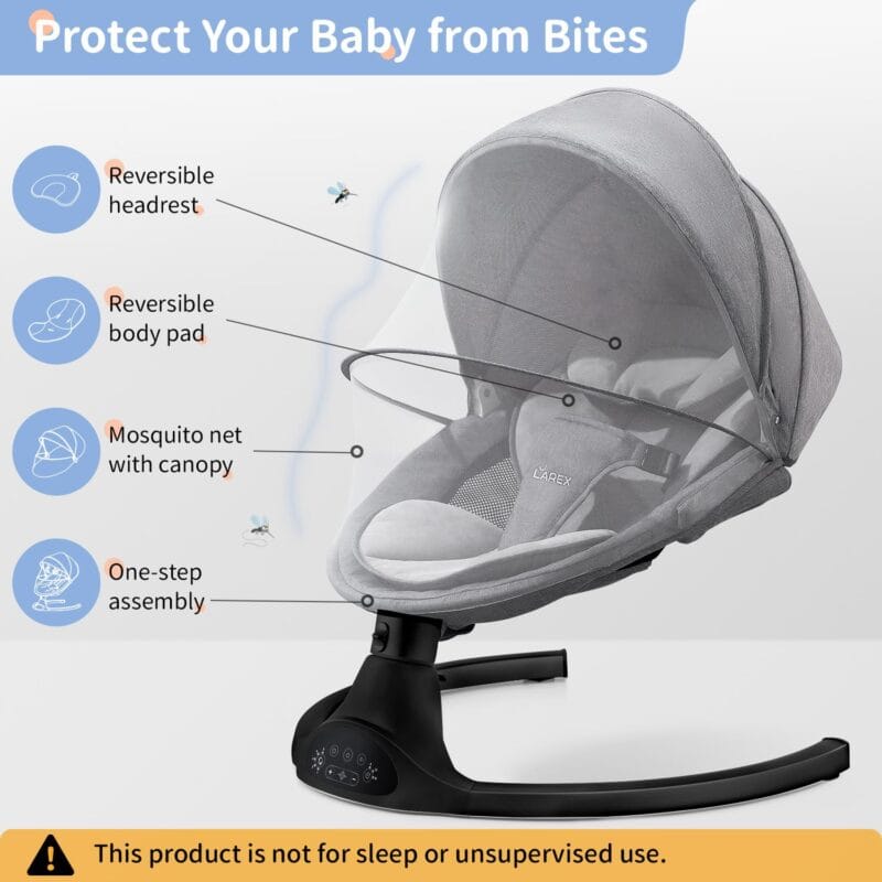 LAREX Baby Swing for Infants to Toddler with Remote Control & Bluetooth | Portable Electric Infant Rocker with 5 Sway Speeds & Timers, 10 Melodies, 3-Point Harness, Max 20 lbs,...