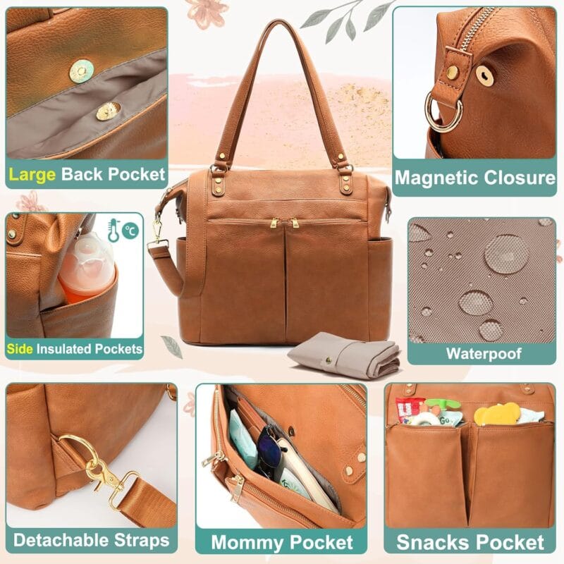 MOMINSIDE Diaper Bag Tote Convertible Diaper Bag Backpack Tote Leather | 4 in 1 Baby Bag Hospital bag 13 Pockets Travel Diaper Tote Pañaleras Para Bebe with Changing Pad for Mom...