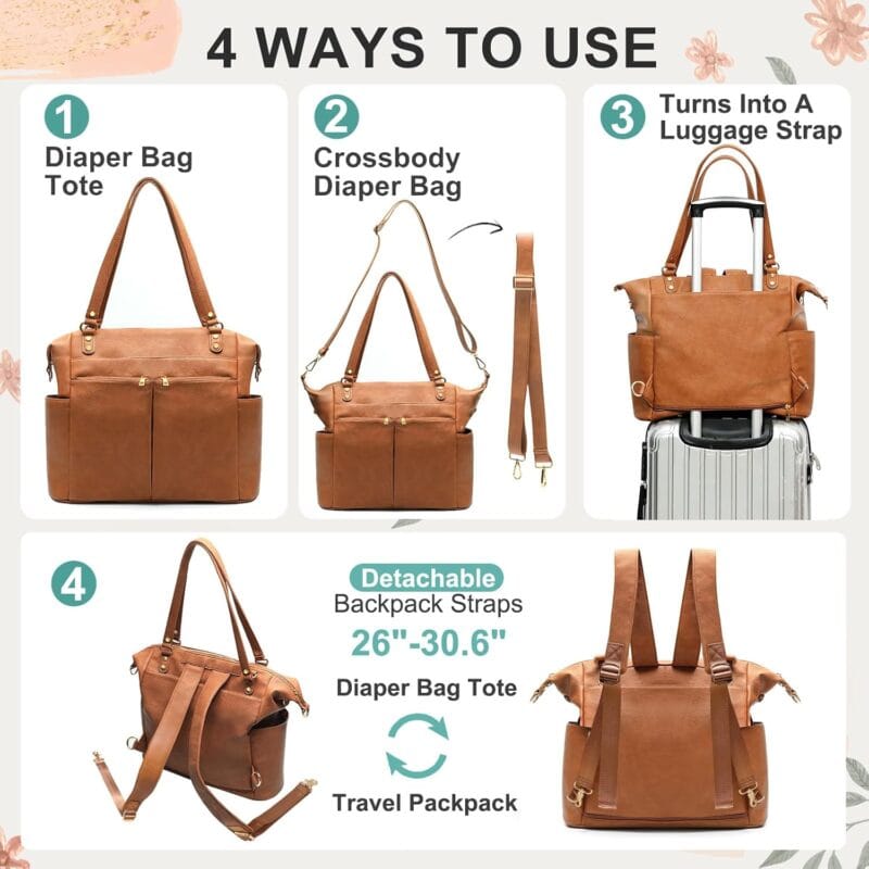 MOMINSIDE Diaper Bag Tote Convertible Diaper Bag Backpack Tote Leather | 4 in 1 Baby Bag Hospital bag 13 Pockets Travel Diaper Tote Pañaleras Para Bebe with Changing Pad for Mom...