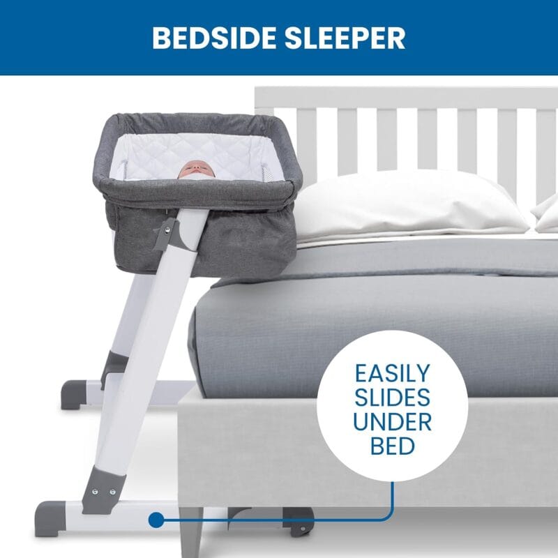 Simmons Kids By The Bed City Sleeper Bassinet - Adjustable Height Portable Crib with Wheels & Airflow Mesh, Grey Tweed