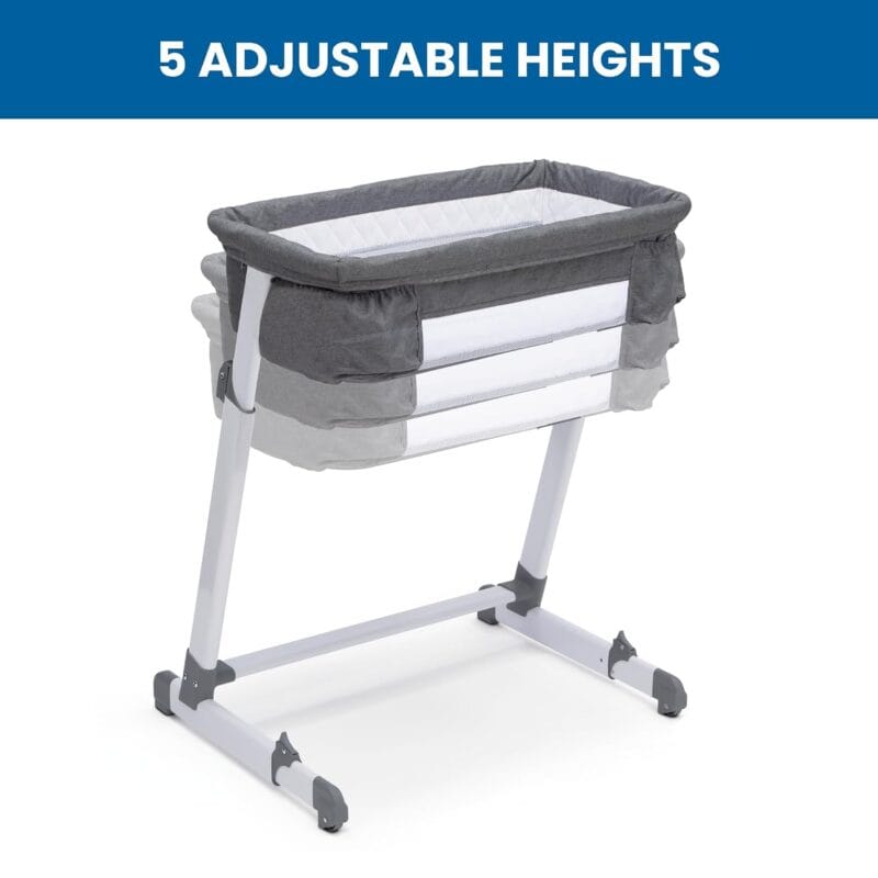 Simmons Kids By The Bed City Sleeper Bassinet - Adjustable Height Portable Crib with Wheels & Airflow Mesh, Grey Tweed