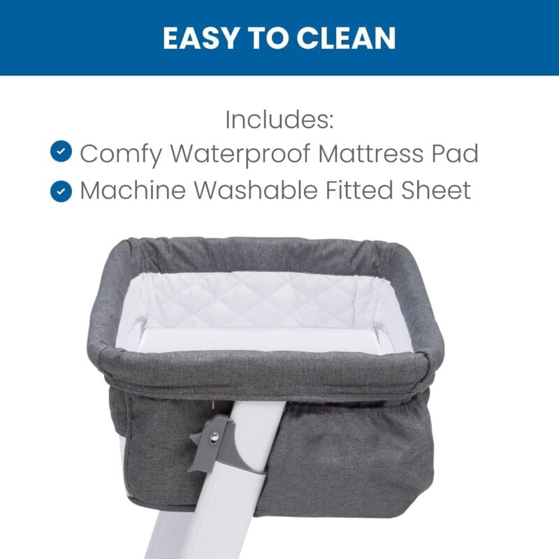 Simmons Kids By The Bed City Sleeper Bassinet - Adjustable Height Portable Crib with Wheels & Airflow Mesh, Grey Tweed
