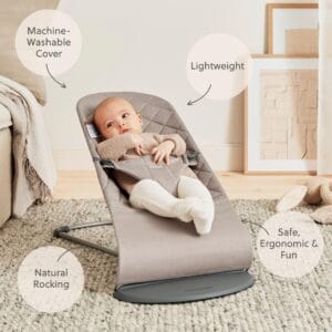 BabyBjörn Bouncer Bliss, Sand Gray, Woven, Classic Quilt | 2-in-1 Adjustable Baby Bouncer Seat and Toddler Chair, Newborn to Toddler (8-29 lbs), 4 Positions, Lightweight & Portable