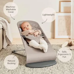 BabyBjörn Bouncer Bliss, Sand Gray, Woven, Classic Quilt | 2-in-1 Adjustable Baby Bouncer Seat and Toddler Chair, Newborn to Toddler (8-29 lbs), 4 Positions, Lightweight & Portable