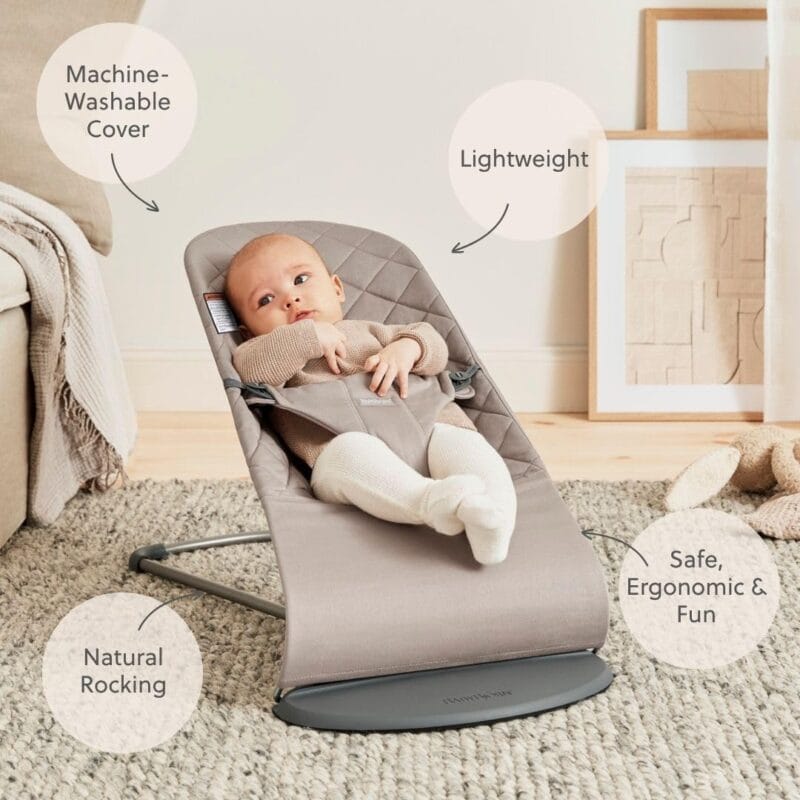 BabyBjörn Bouncer Bliss, Sand Gray, Woven, Classic Quilt | 2-in-1 Adjustable Baby Bouncer Seat and Toddler Chair, Newborn to Toddler (8-29 lbs), 4 Positions, Lightweight & Portable