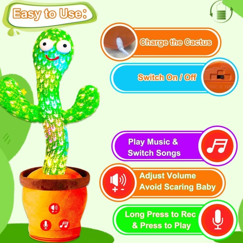 Rechargeable Dancing Talking Cactus Toy, Volume Adjustable Baby Toys